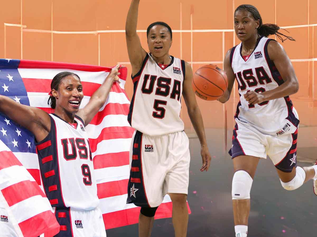 Photos of Lisa Leslie, Dawn Staley, and Tamika Catchings from their time on the 2004 USA Women's Basketball National team.