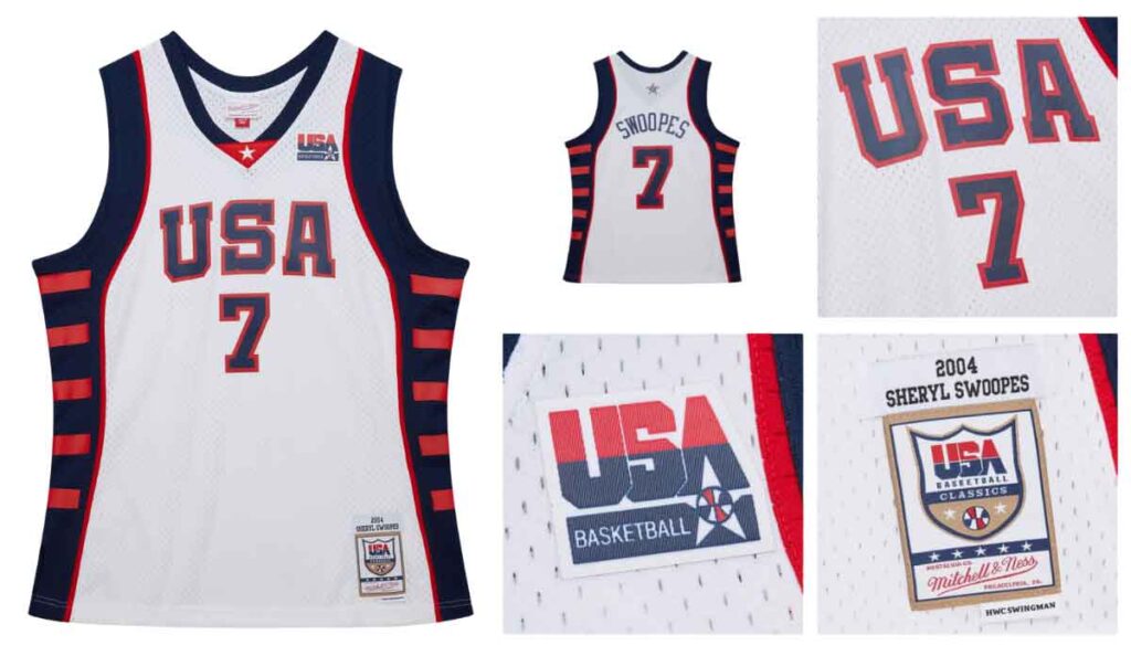 Photo details of the Mitchell & Ness Women's Team USA Basketball Uniforms.
