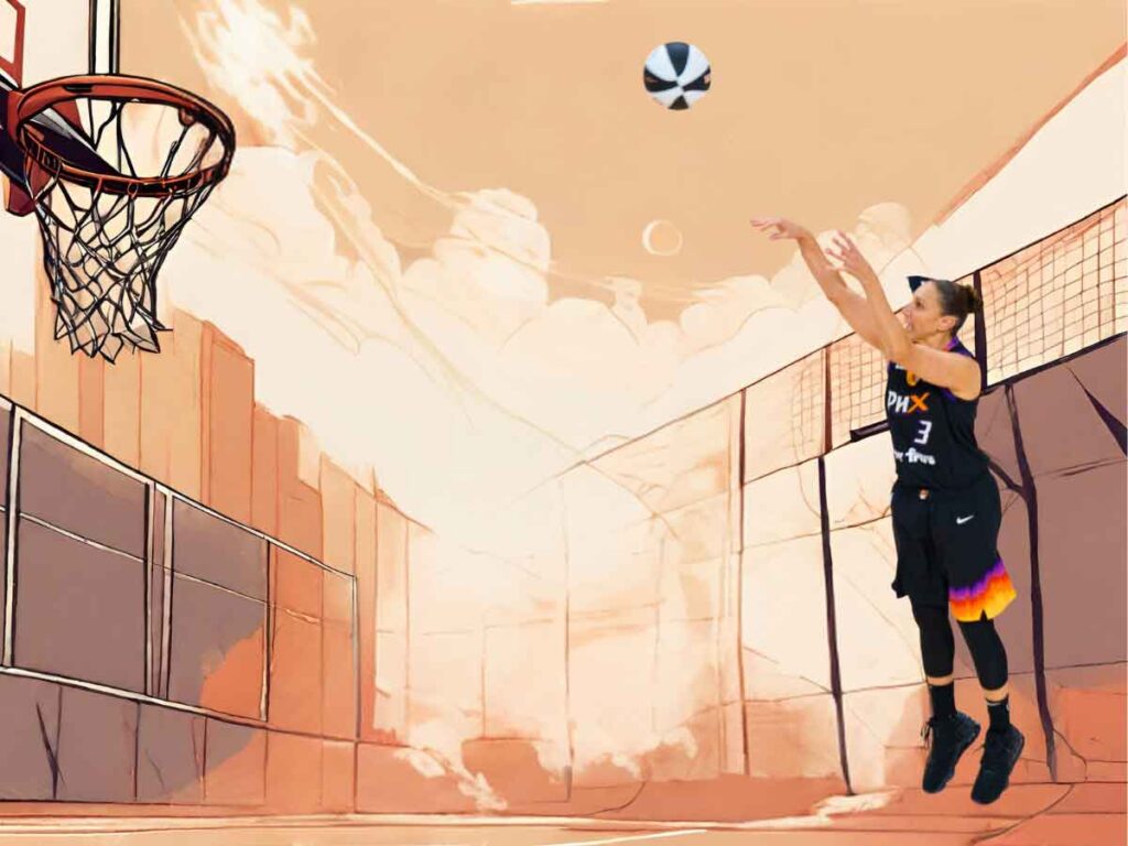 Photo of Diana Taurasi, the oldest WNBA player in 2024, shooting a basketball. Behind her is an illustration of a basketball court.