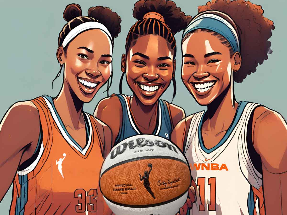 An illustration of three WNBA players standing beside each other and smiling and holding a WNBA ball.