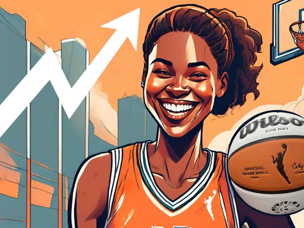 An illustration of a WNBA player smiling while holding a basketball. Behind her is a growth arrow.