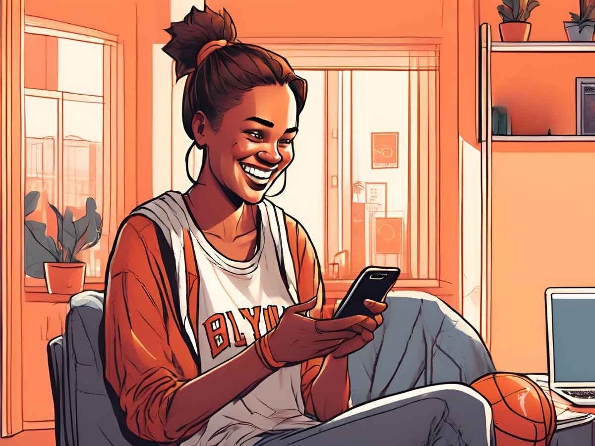 An illustration of a female WNBA fan looking at her cell phone at WNBA Instagram accounts.