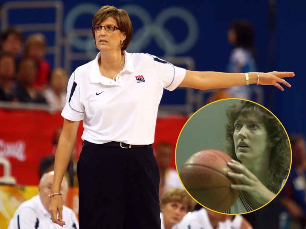 A photograph of women's basketball coach Anne Donovan with an inserted smaller photo from her during her playing days.