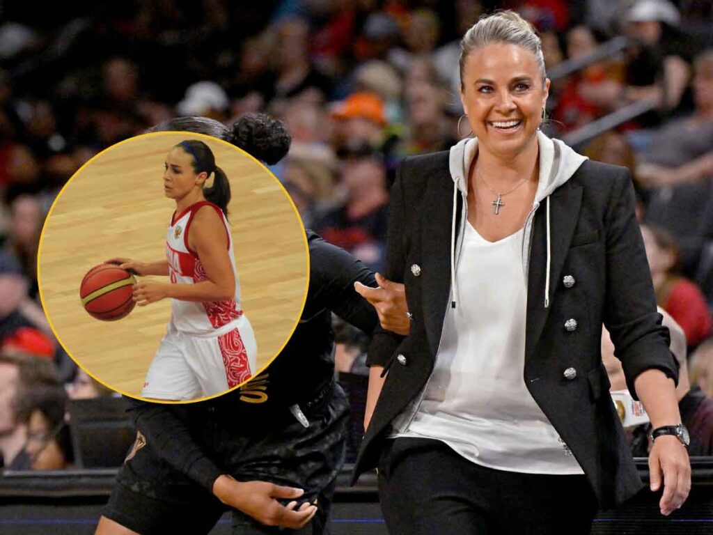 A photograph of women's basketball coach Becky Hammon with an inserted smaller photo from her during her international playing days.