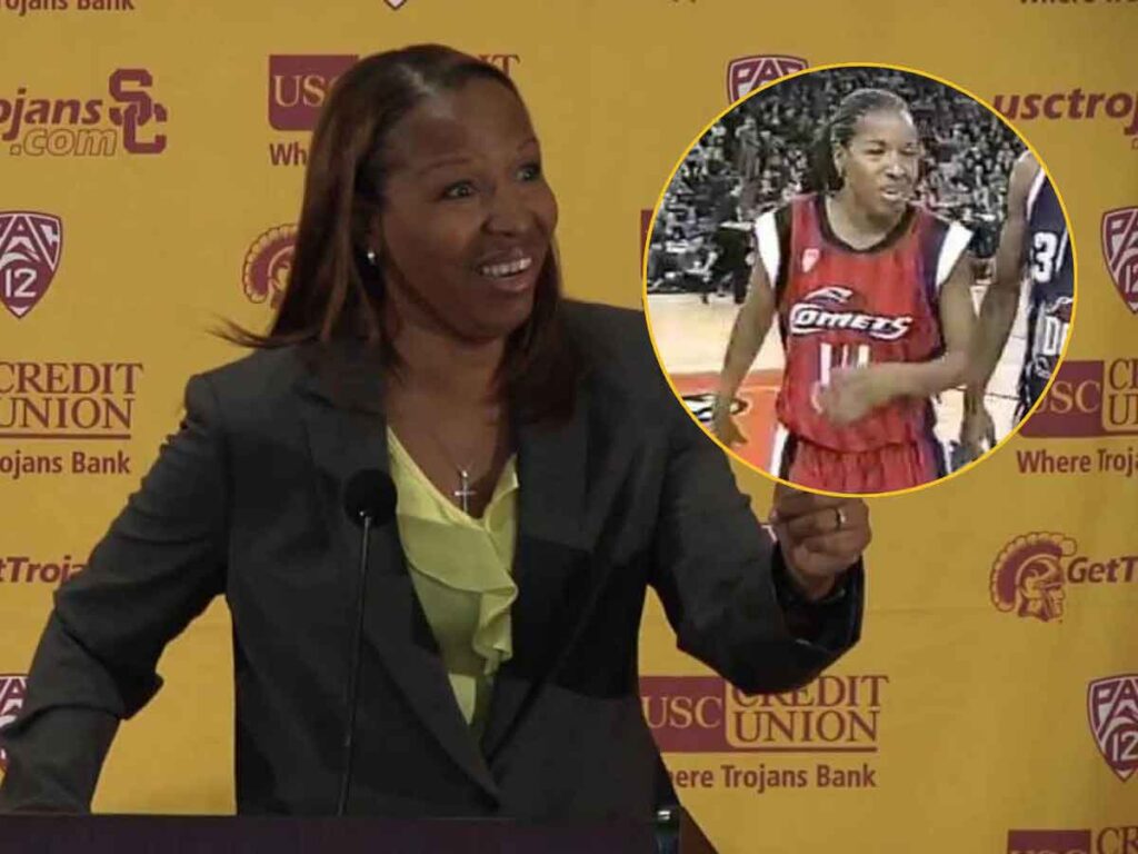 A photograph of women's basketball coach CynthiaCooper at a press conference with an inserted smaller photo from her during her playing days in the WNBA with the Houston Comets.