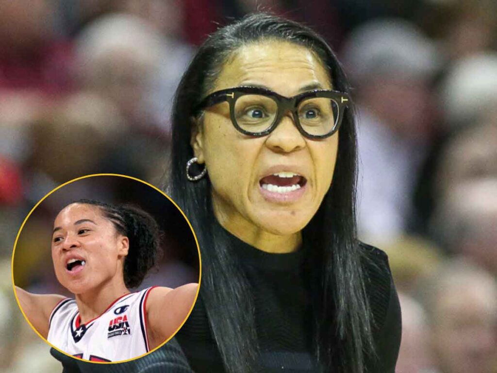 A photograph of women's basketball coach Dawn Staley with an inserted smaller photo from her during her playing days with USA Basketball.