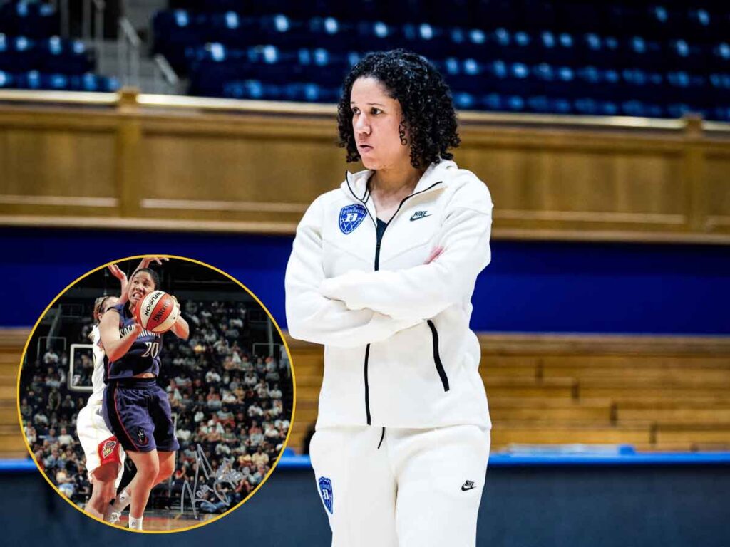 A photograph of women's basketball coach Kara Lawson with an inserted smaller photo from her during her playing days in the WNBA with the Sacramento Monarchs.