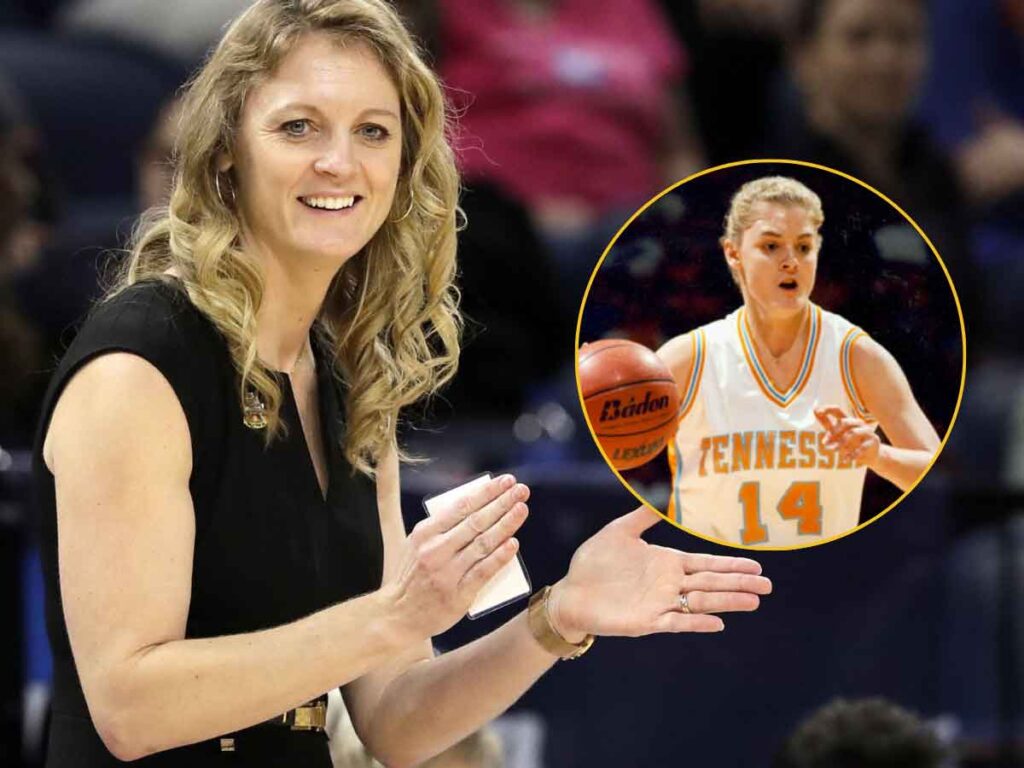 A photograph of women's basketball coach Kelly Harper with an inserted smaller photo from her during her playing days at the University of Tennessee.