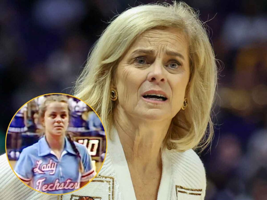 A photograph of women's basketball coach Kim Mulkey with an inserted smaller photo from her during her playing days at Louisiana Tech.