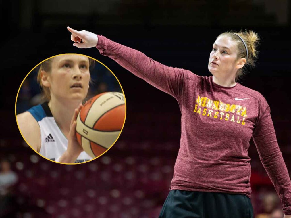 A photograph of women's basketball coach Lindsay Whalen with an inserted smaller photo from her during her WNBA playing days.