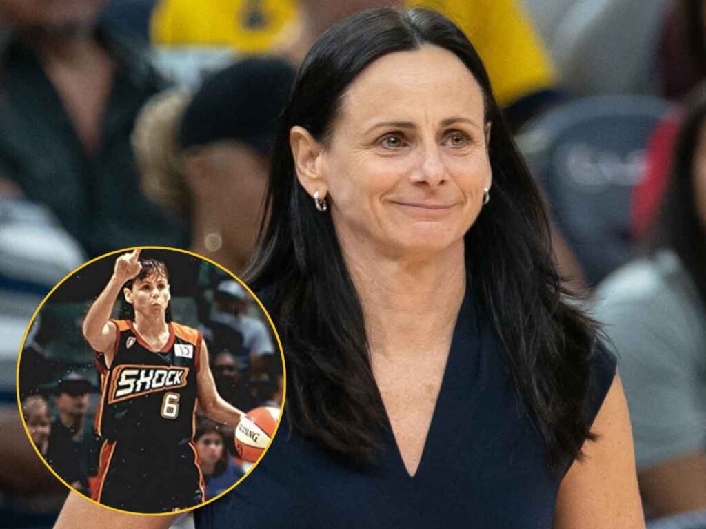 A photograph of women's basketball coach Sandy Brondello with an inserted smaller photo from her during her playing days in the WNBA with the Detroit Shock.