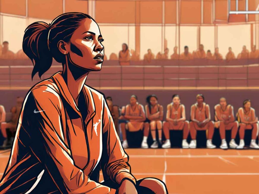 An illustration of a women's basketball coach kneeling and speaking to her team on the bench.