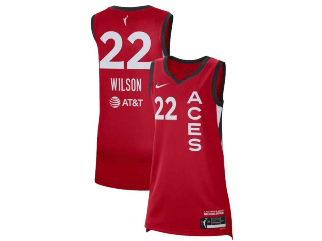 Front of the Unisex Las Vegas Aces A'ja Wilson Nike Red Rebel Edition Player Jersey.