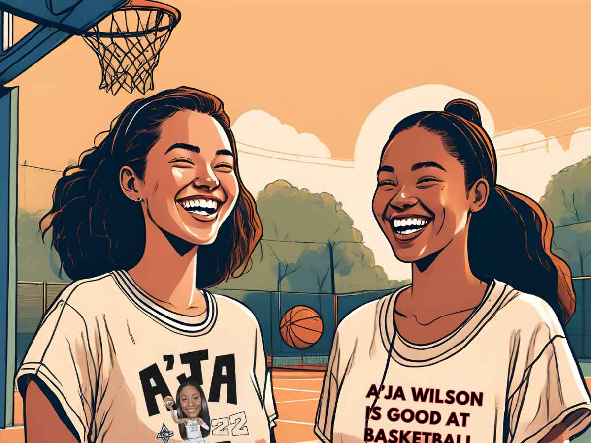 An illustration of two young women in A'ja Wilson shirts on an outdoor basketball court.