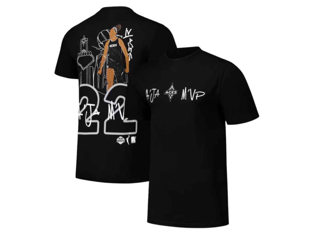 Front and back view of the Las Vegas Aces A'ja Wilson round21 Black Player Illustration T-Shirt.