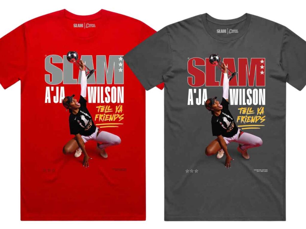 The front of the A'ja Wilson SLAM 240 cover tee, available in red and charcoal color ways.