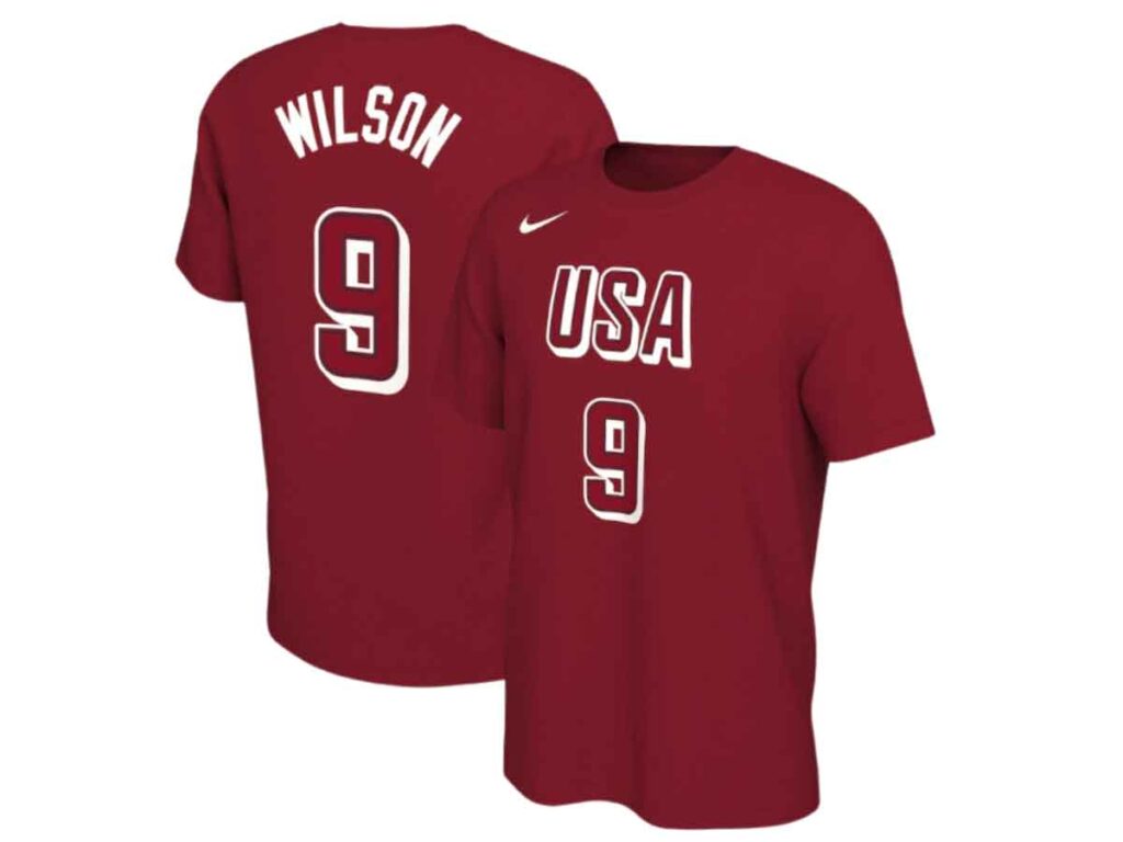 The front and back of the USA Basketball A'ja Wilson Nike Red 2024 Summer Olympics Name & Number T-Shirt.