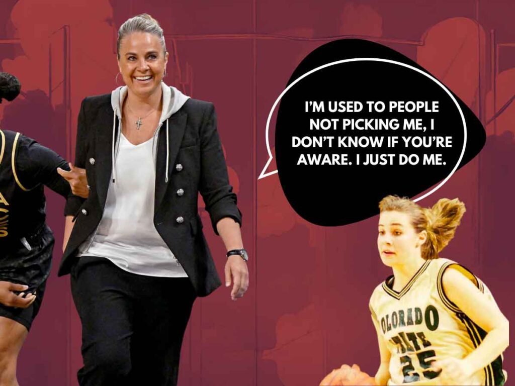 Two photos of Becky Hammon, one of her coaching and the other playing at Colorado State, in front of a red background. A text bubble reads: "I’m used to people not picking me, I don’t know if you’re aware. I just do me."