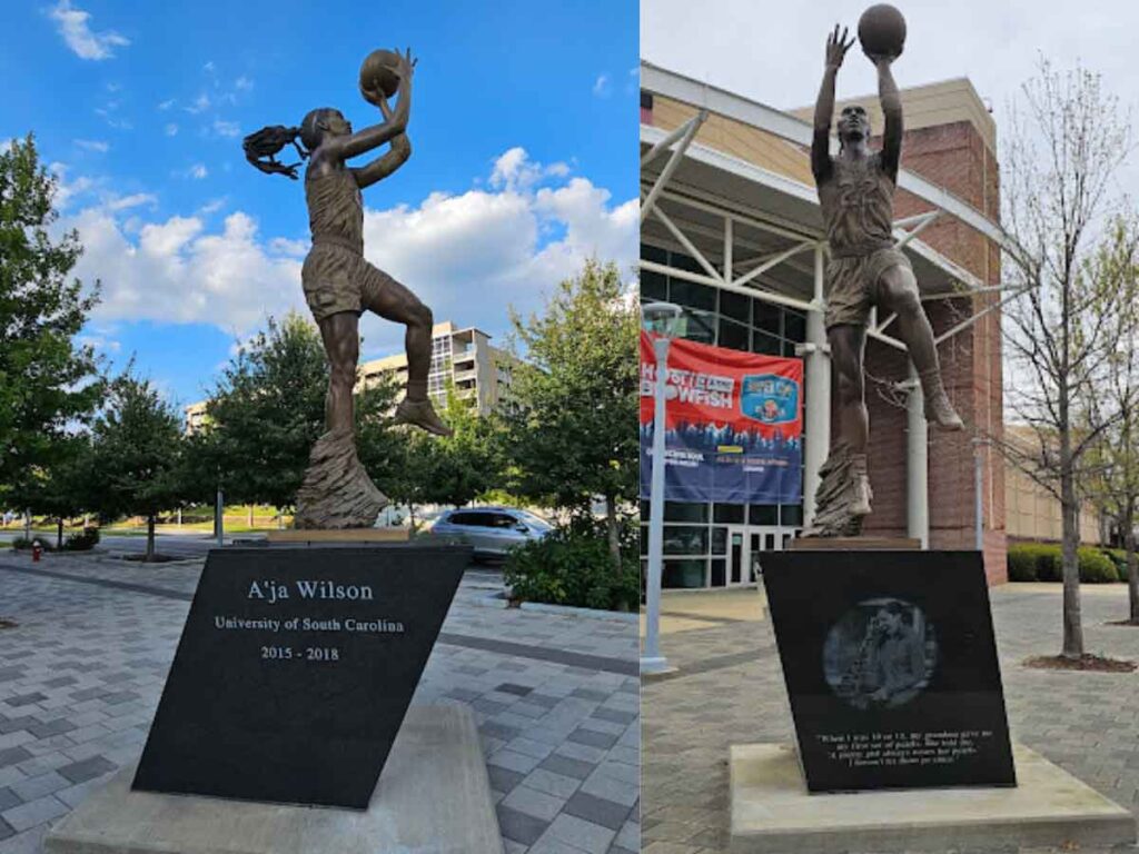 Photos of the A'ja Wilson statue outside the University of South Carolina.