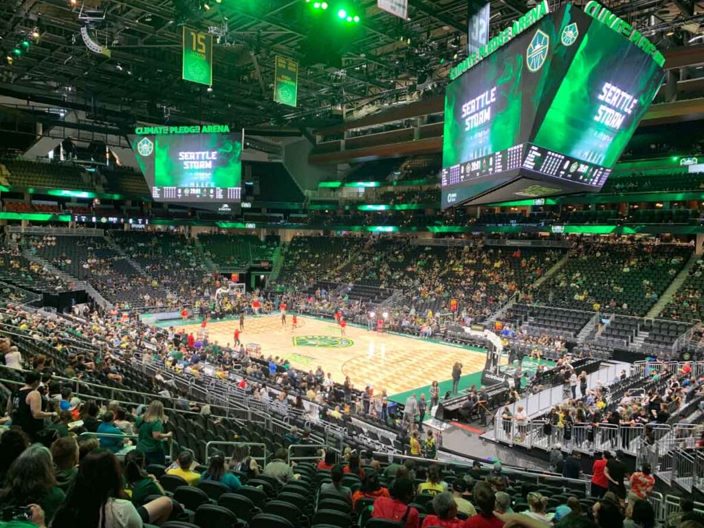 A photo of Climate Pledge Arena ahead of a Seattle Storm home game.