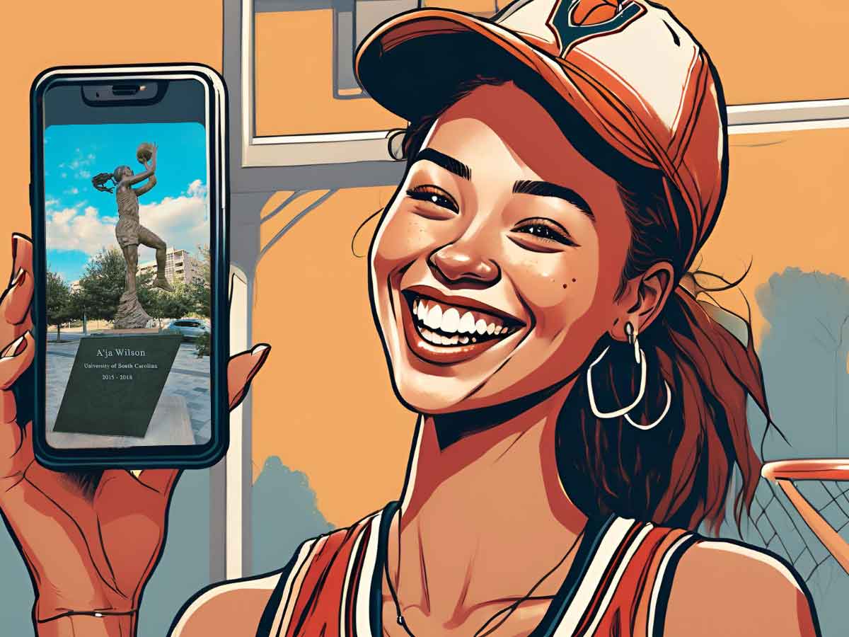 An illustration of a young woman basketball fan holding up her cell phone screen to show a photo of a women's basketball landmark.