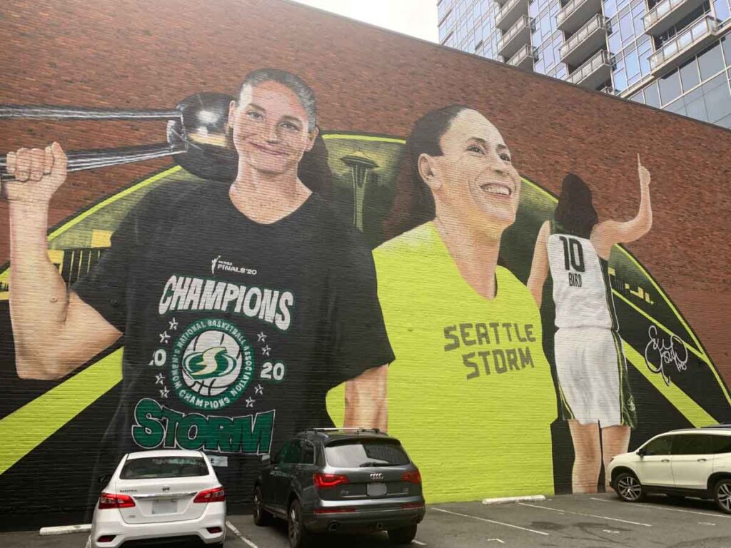 A photo of the Sue Bird mural in Downtown Seattle, Washington.