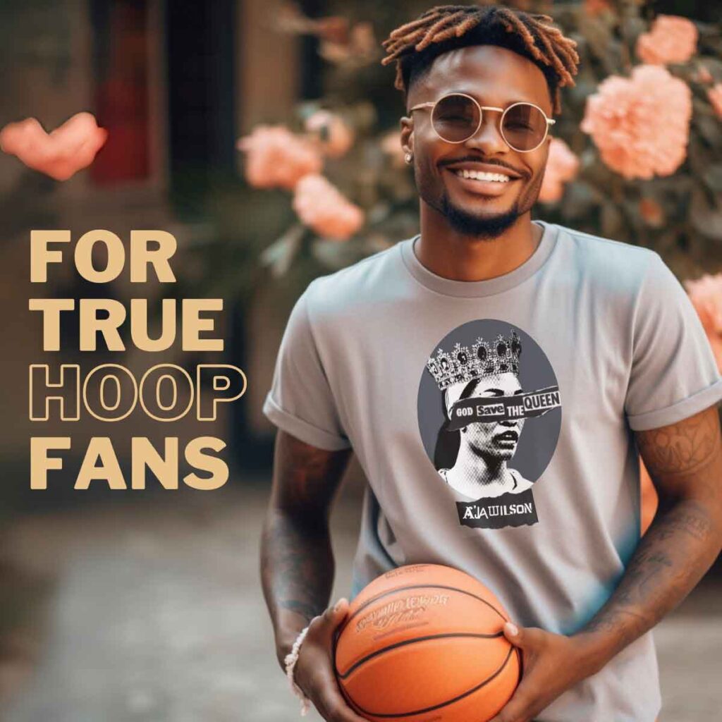 A young man wearing an A'ja Wilson Home School Hoop tee and smiling while holding a basketball. Text overlay reads "FOR TRUE HOOP FANS"