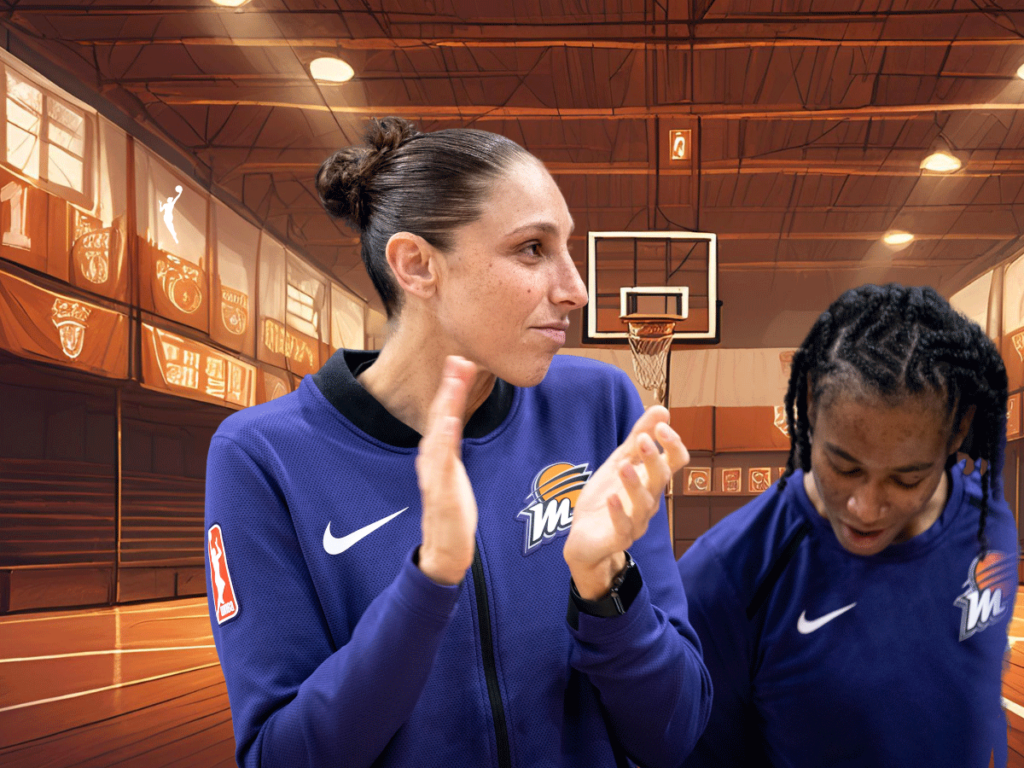 WNBA Player Diana Taurasi stands beside a teammate, clapping. Behind them is an illustrated basketball gym.