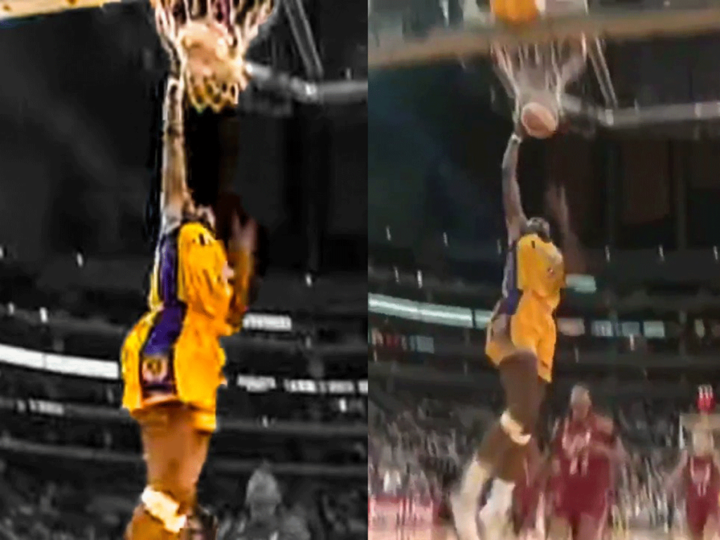 Side-by-side screenshots of Lisa Leslie's first dunk in a WNBA game.