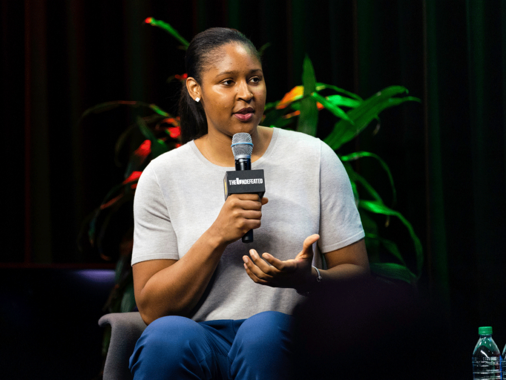 Maya Moore speaking before at The Marshall Project in Washington, D.C. in 2019.